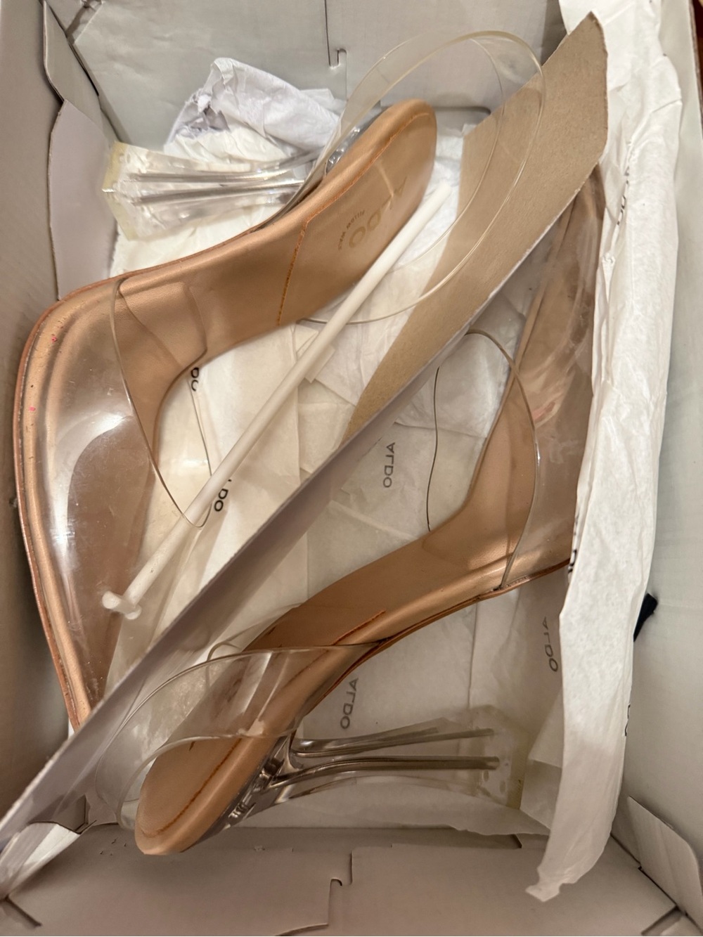Aldo Size 9 Clear Stiletto Heels with Nude Footbed Solanti